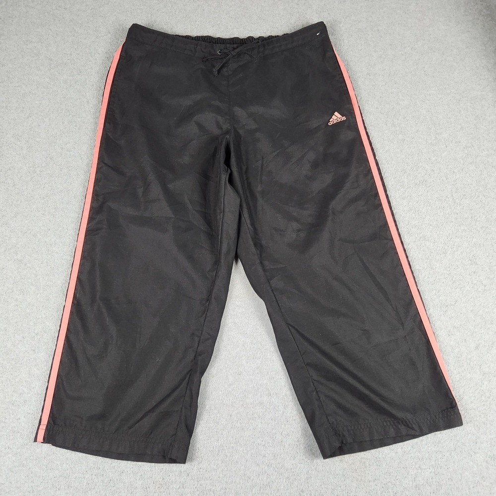 Adidas Cropped Track Pants Womens L Black 3-Stripe Athletic Y2K Drawstring Waist